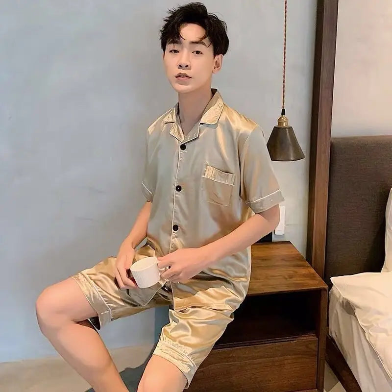 Men Pajama Sets Ice Silk Satin Short Sleeve Shirt+Shorts 2Pcs Suit Summer Thin Sleepwear Solid Color Male Casual Home Clothes