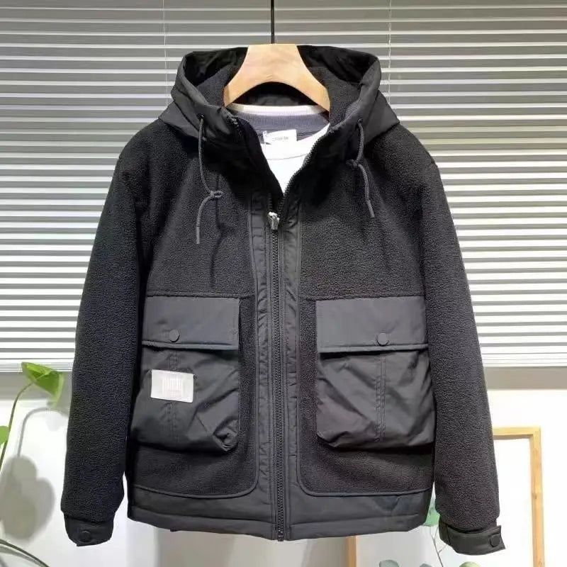Winter Men's Jacket Japan Style Cargo Spliced Lamb Wool Thick Parkas Workwear Large Pocket Padded Coat Oversized Hooded Top