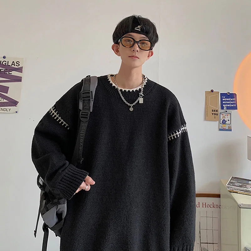 saferido Men's Knit Pullovers Sweaters and Jumpers Vintage Retro Sweater Knitted Pullover Men Korean Streetwear Hip Hop Spliced