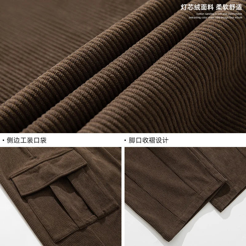 saferido Oversized Corduroy Pants Men Fashion Retro Pocket Cargo Pants Men Japanese Streetwear Hip-hop Loose Wide Leg Pants Mens Trousers Spring Autumn