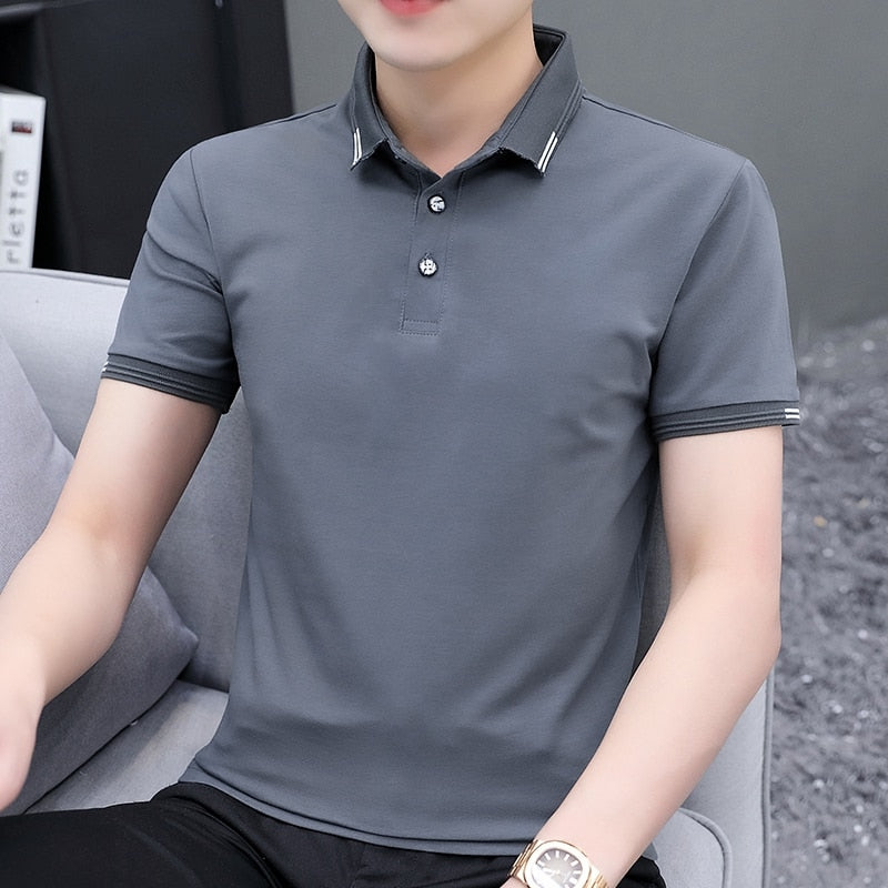 Brand Summer Oversized T Shirt Men New Turn-Down Collar Short-sleeved T-shirt Casual Solid Color Slim Fit Clothing