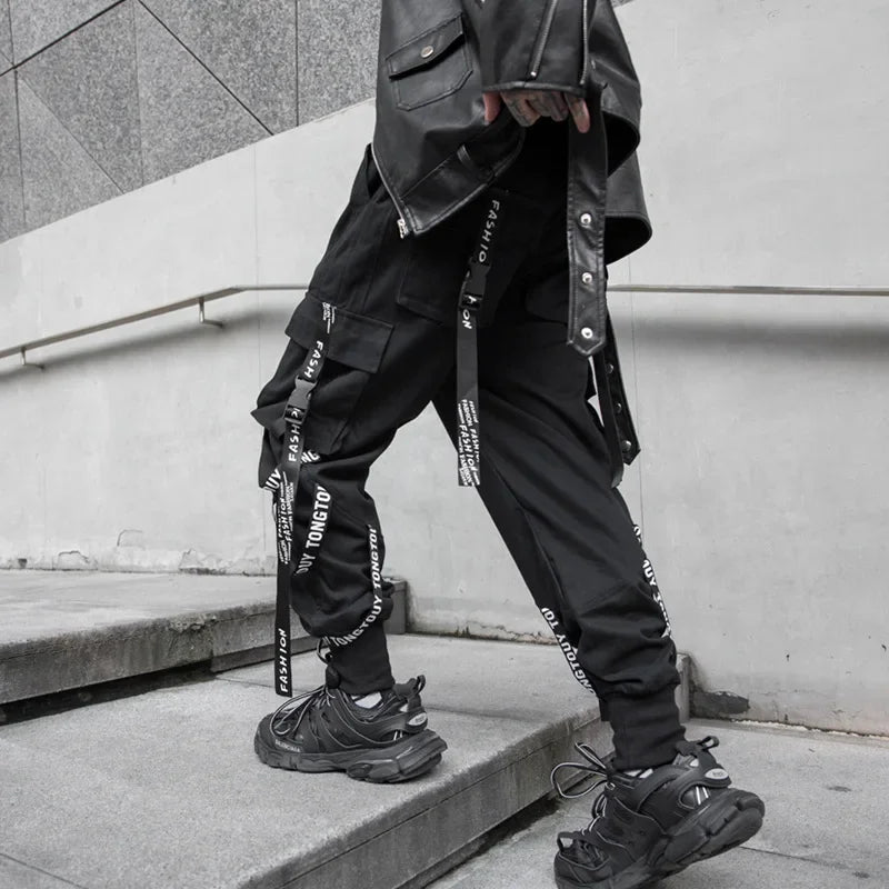 saferido Techwear Cargo Pants Men Joggers Black Cargo Trousers for Men Jogging Japanese Streetwear Hip Hop Hippie Gothic Ribbon