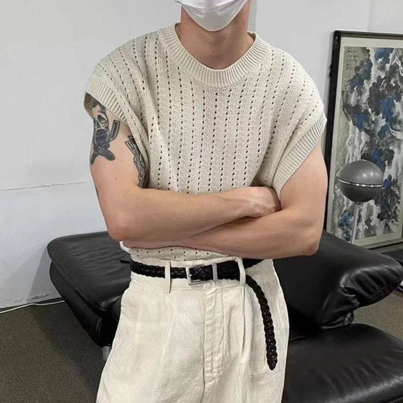 New Streetwear Fashion Mens Knitted Camisole Sleeveless O Neck Casual Tank Tops Knit pure Color Men Summer Leisure Knitting Vest