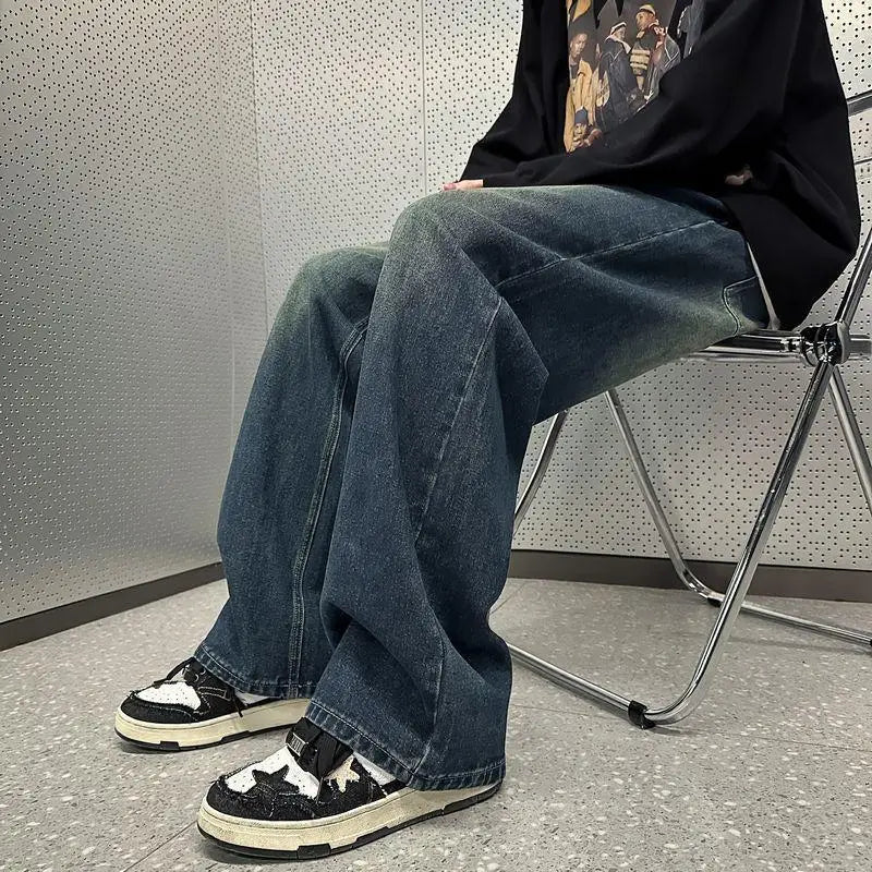saferido Vintage Men Straight Leg Jeans Korean Student Handsome Casual Pants High Street Loose Wide Leg Jeans Vintage Blue Baggy Jeans