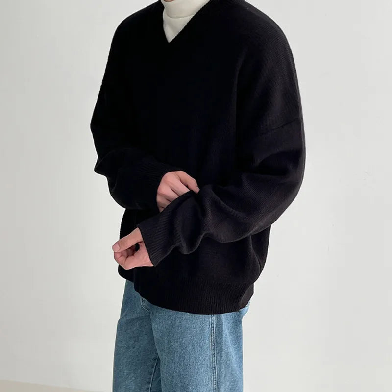 Men Winter V-neck Thickening Sweater Solid Color Casual Pullovers Fashion Korean Style Casual Knitwear For Male