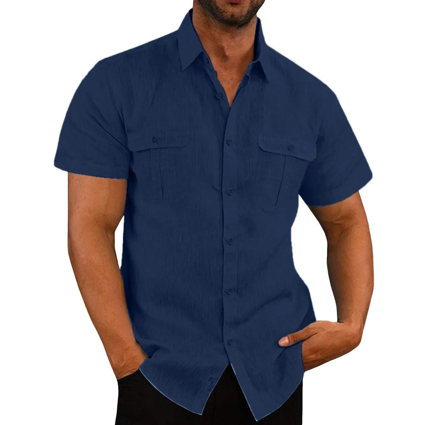 Men Short-Sleeved Shirts Summer Solid Color Stand-Up Collar Casual Beach Style Plus SizeMale Cotton Linen Shirts M-5XL