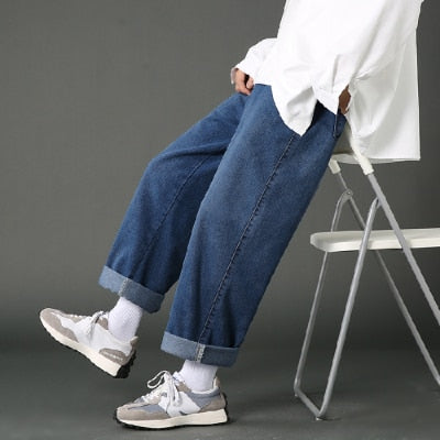 Street Casual Baggy Jeans Men's Korean Fashion Hip Hop Straight Wide Leg Trousers Couple Denim Pants Black Light Blue