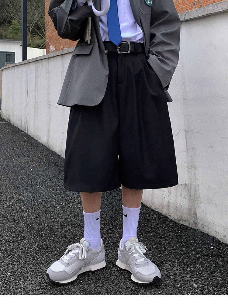 saferido Spring Summer Loose Casual Soft Black Pleated Shorts for Men Mens with High Waist Short Straight Pants Clothes
