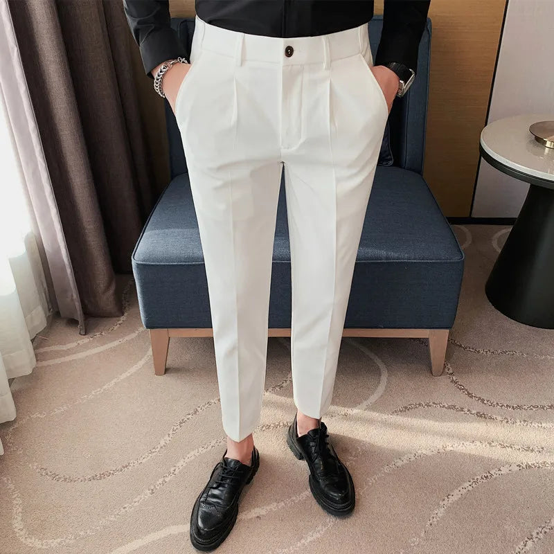 saferido British Style Men High Waist Casual Business Dress Pants Streetwear New Fashion Social Belt Decoration Slim Fit Suit Pants