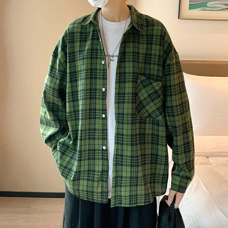 saferido Japanese Retro Fashion Spring Plaid Shirt Men Long Sleeve Plaid Shirt 100% Cotton Men's Casual Baggy Button Up Tees Shirt