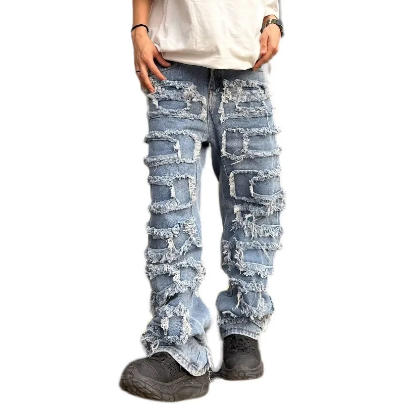 saferido Individualized patch jeans men American high street hip-hop fried street beggar pants blue loose small crowd mopping