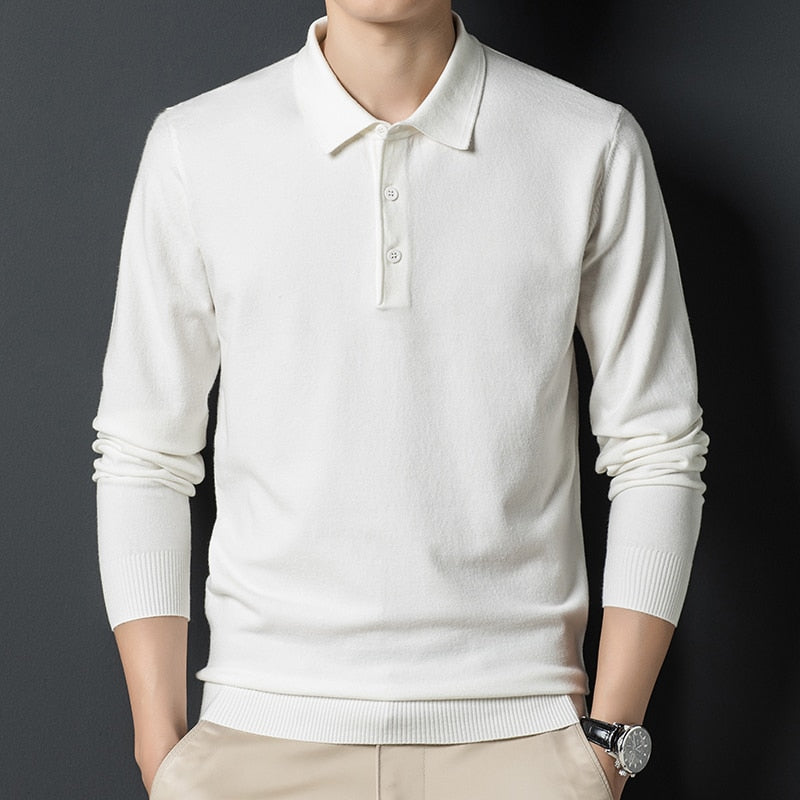 Autumn New Men's Solid Color Lapel Wool Sweater Classic Style Business Long Sleeve Thin Knit Sweater Male Brand Clothes