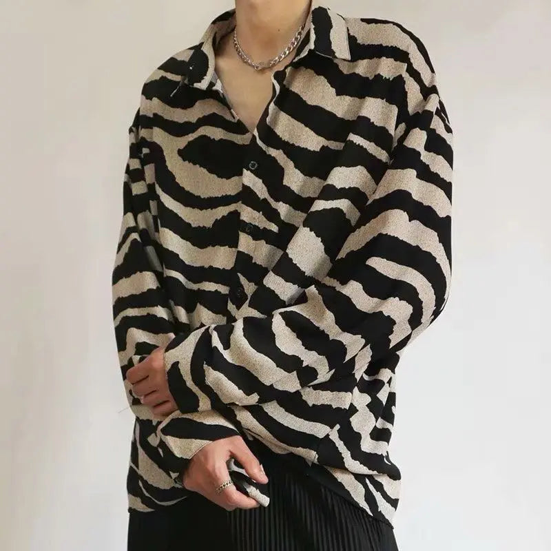 Spring Korean Fashion Sexy Leopard Print Shirts for Men Long Sleeve Lapel Loose Ice Silk Luxury Retro Men's Striped Shirts