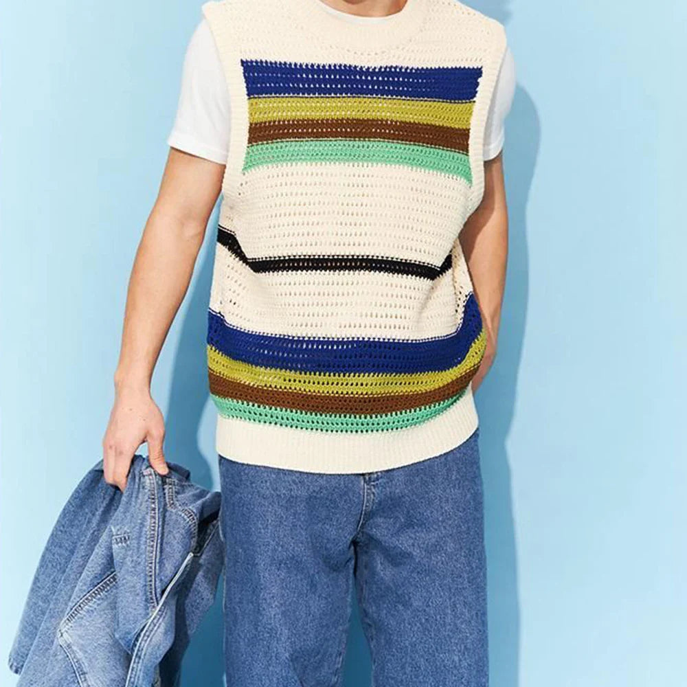 saferido Spring New Hollow Stripe Knitwear Sweater Vest 2024 Contrast Color O Neck Casual Tank Tops Korean Fashion Male Sleeveless Tees