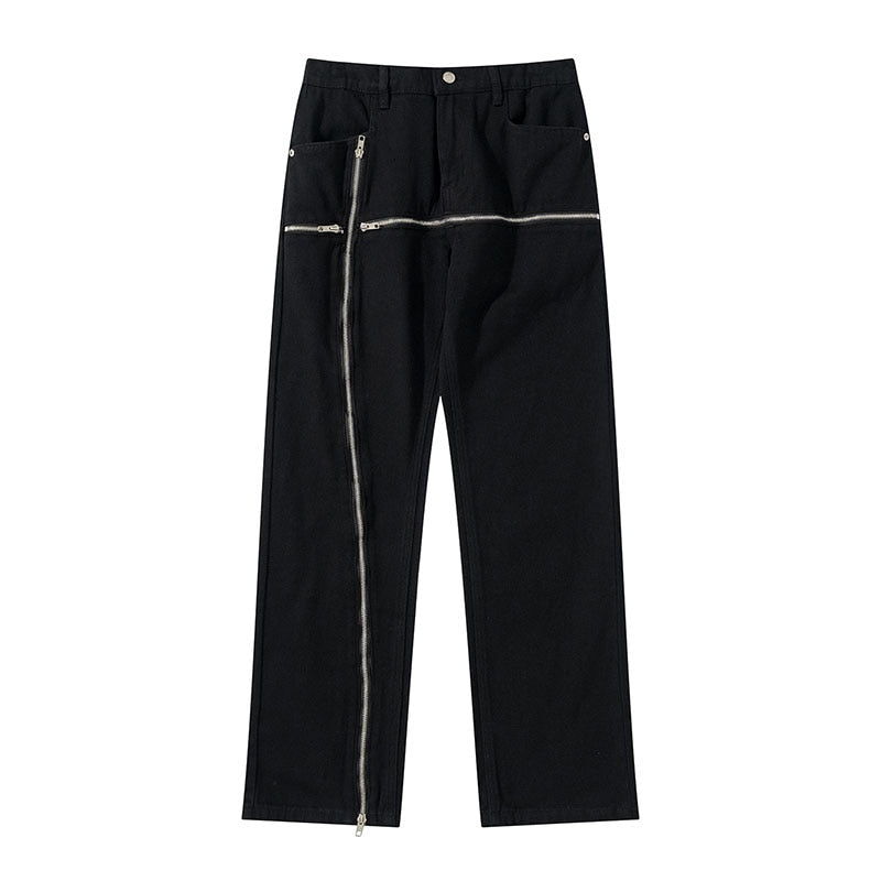 Cross Zipper Decorate Solid Black Mens Cargo Pants High Street Retro Straight Elastic Waist Casual Trousers Loose Overalls
