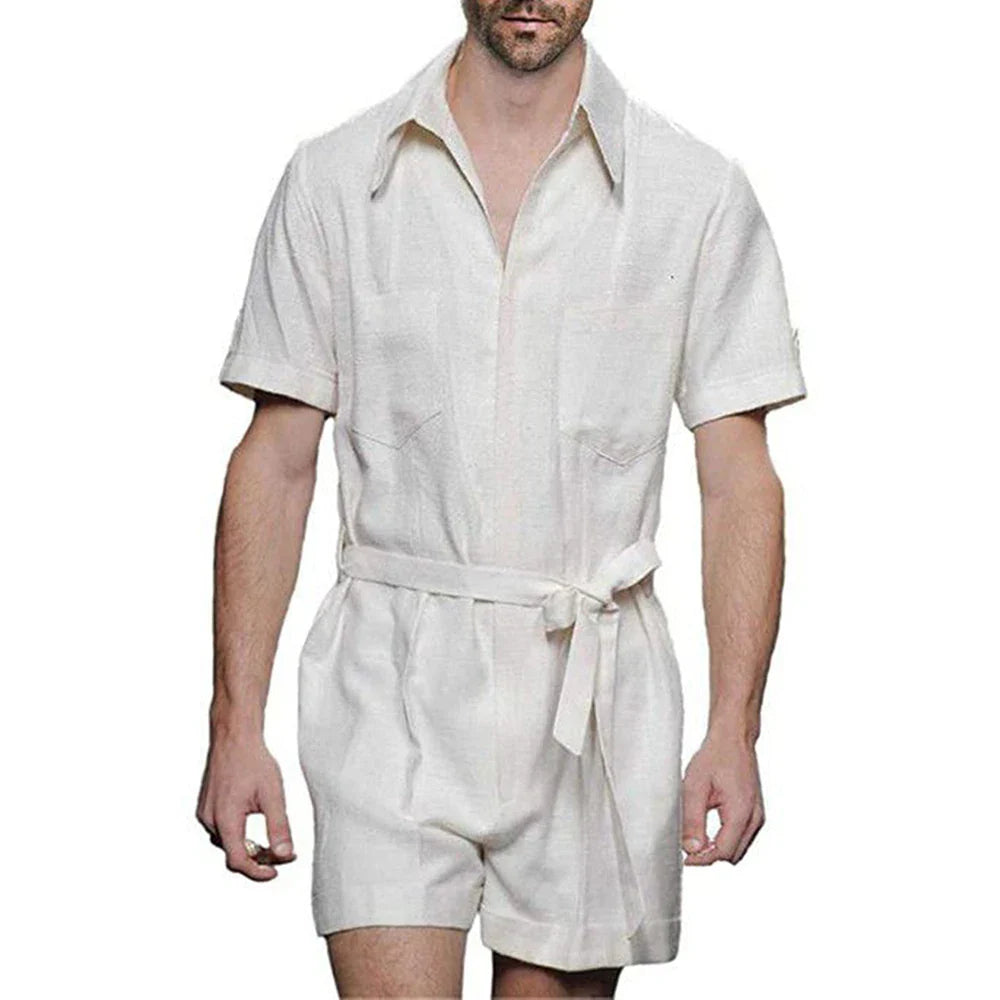 saferido Mens Sports Strap Casual Short-Sleeve Jumpsuit 2024 New Spring Summer Genderless Home Simple Solid Color Loose Jumpsuit Unisex