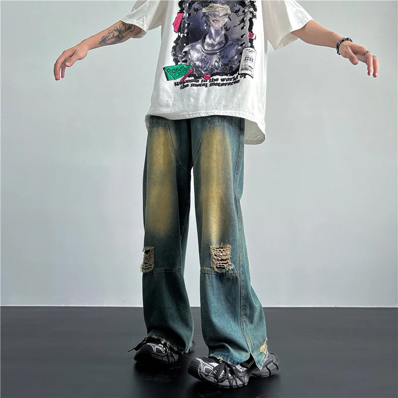 saferido Men's Hip Hop Ripped Hole Jeans Korean Handsome Casual Pants High Street Straight Loose Wide Leg Jeans Vintage Blue Baggy Jeans
