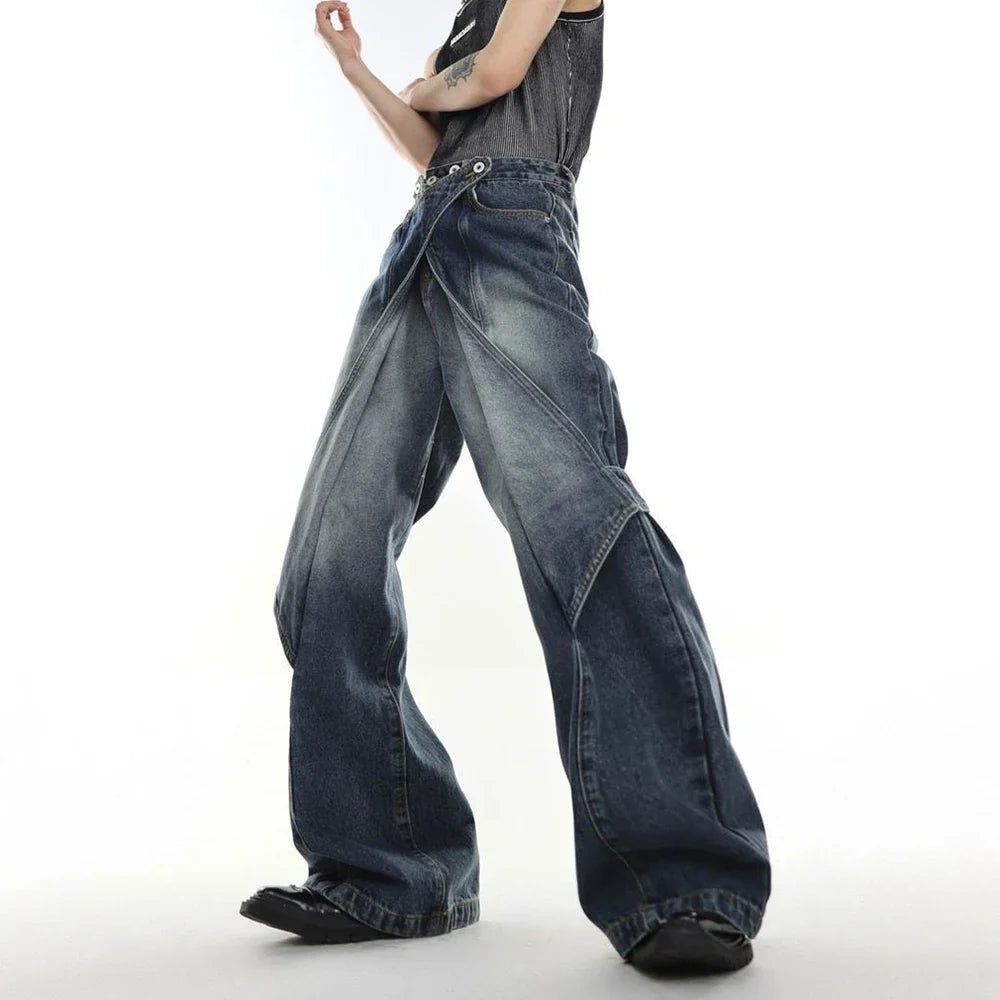 saferido Mens Autumn Winter American Street Niche Y2k Heavy-Duty Distressed Washed Jeans Irregular Variable Bell Pants Wide-Leg Pants