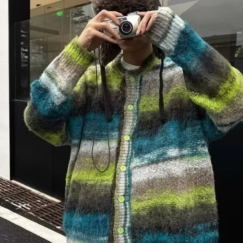 saferido Striped Knitted Sweater Coat Men Japanese Y2K Oversize Casual Autumn Winter Loose V-Neck Cardigan for Men Rainbow Color
