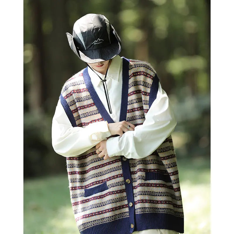 saferido New Spring and Autumn Sleeveless Knitted Cardigan Men's Clothing Waistcoat Contrast Color Casual Sweater Vest Coat Fashion V26