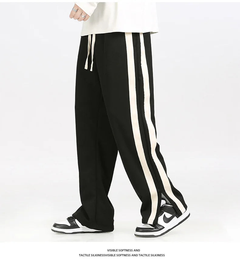 saferido Men's Striped Slit Pants Spring Autumn Straight Wide Leg Trousers High Street Loose Casual Trousers Fashion Men Clothing