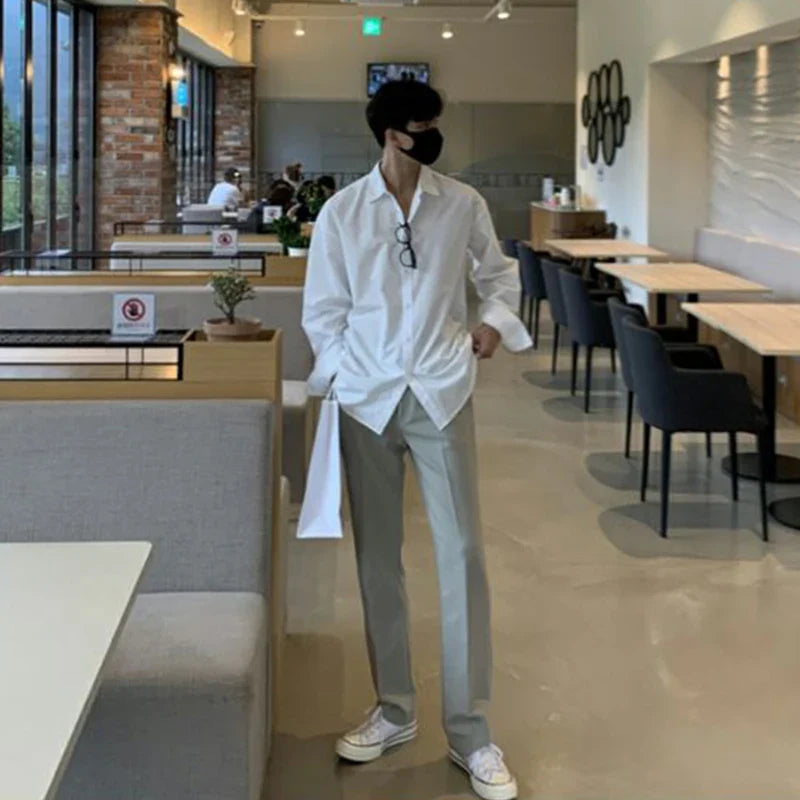 Luxury Spring Clothing Men's Casual Turn Down Collar Texture Shirts Vintage Buttons Solid Color Long Sleeve Leisure Clothes