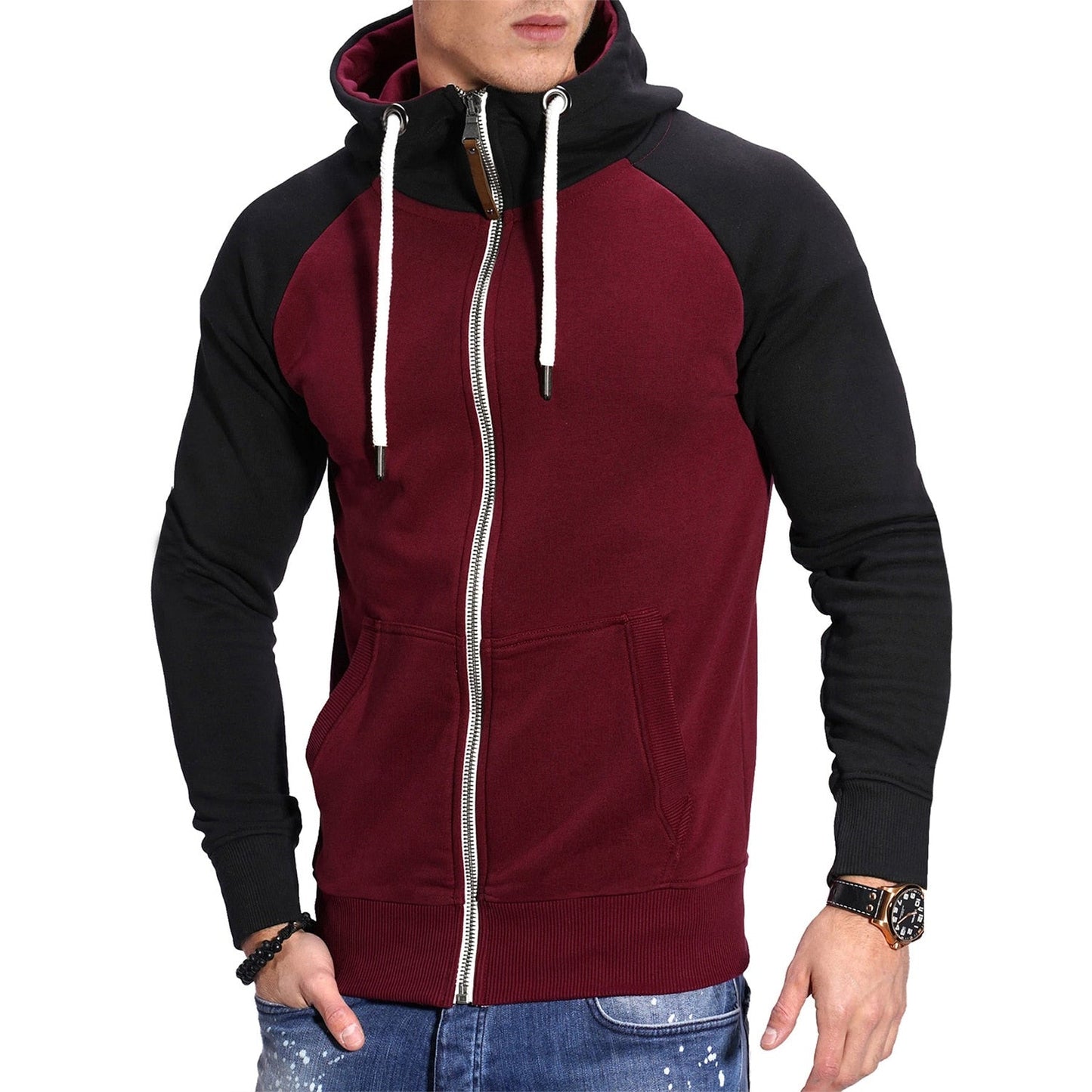 Autumn and Winter Men's Color Matching Sport Plus Fleece Cardigan Hoodie Casual Fashion European Code with Rotator Sleeve Coat