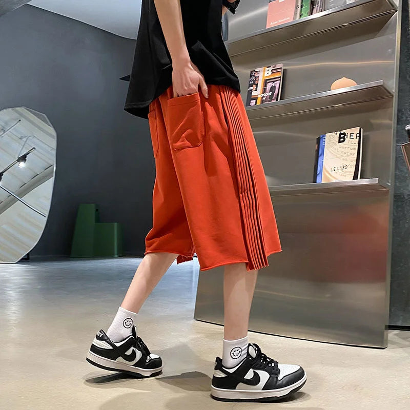 saferido Solid Loose Shorts Thin Summer Sports Thousand Pleated Straight Wide-leg Casual Pants Oversized 5-point Pants Men's White Orange