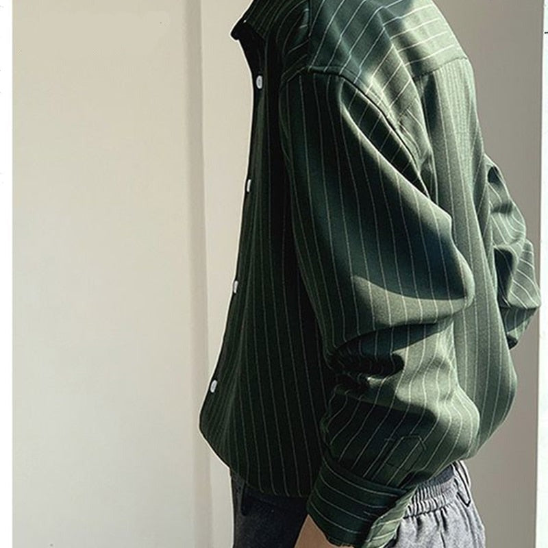 New Korean Fashion Autumn Shirts Men Business Casual Neat Capable Hipster Street England Style Elegant Stripe Clothes Top