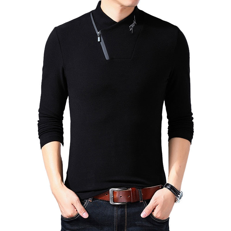 Brand New Style Cotton Men's T-shirt Long Sleeve T Shirt Men Solid Color Zipper Print Collar Oversized T Shirt