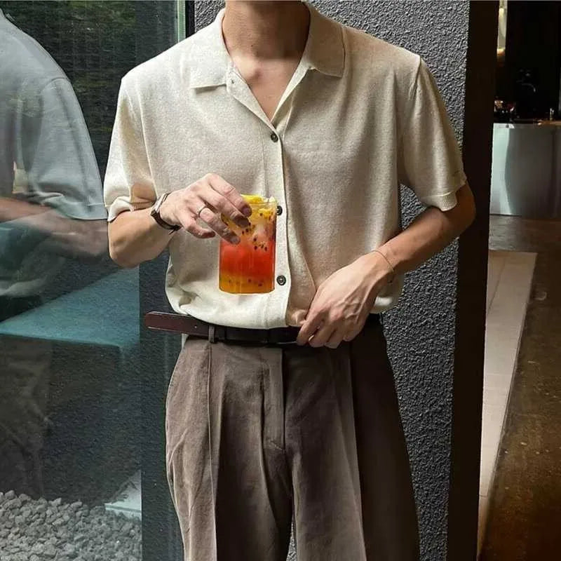 Summer Men's Clothing Luxury Button-down Knit Polo Shirt Korean Popular Lapel Solid Color Short Sleeve Leisure Fashion Knitwear