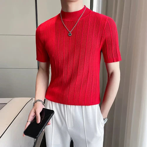 saferido Korean style Tees Men Summer Casual Knit T-shirts/Male slim fit stripe High neck knitting T-shirt 4XL