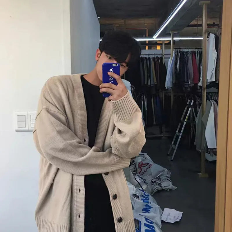 New Men's Clothing V-neck Single-breasted Men's Wear Knitted Sweater Loose Solid Color Knitted Cardigan Coat Autumn