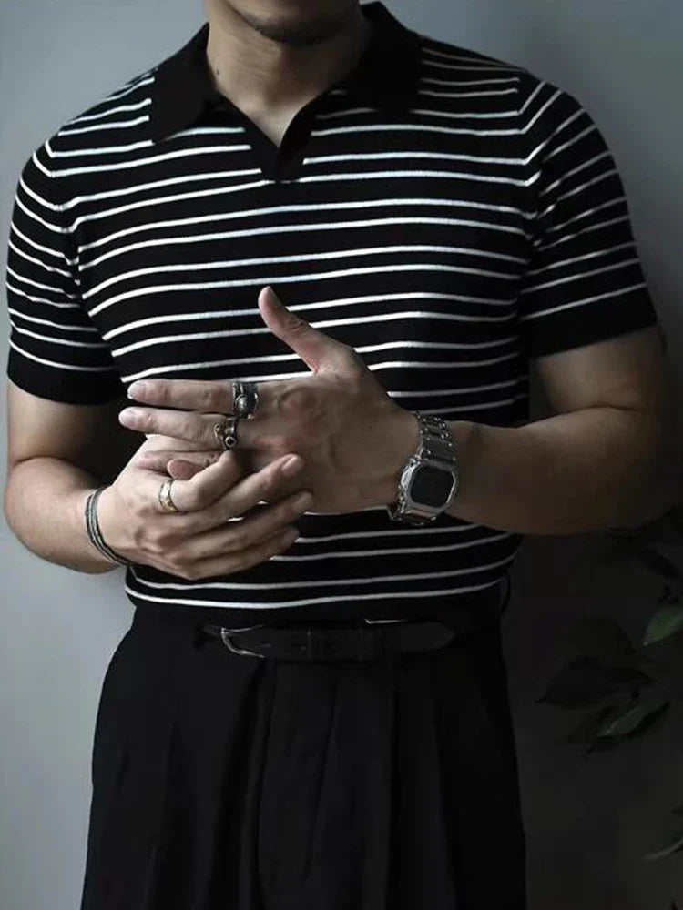 Vintage Striped Knit Polo Shirts Men Short Sleeve Casual Tops Spring Summer Mens Fashion Buttoned Turn-down Collar Slim T Shirt