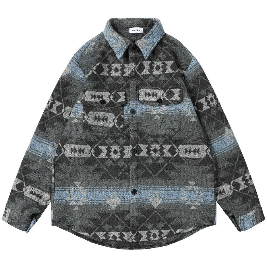 Winter Thicken Button Shirts Geometric Graphic Striped Nation Style Woolen Shirts Men's Autumn Button Up Blouse