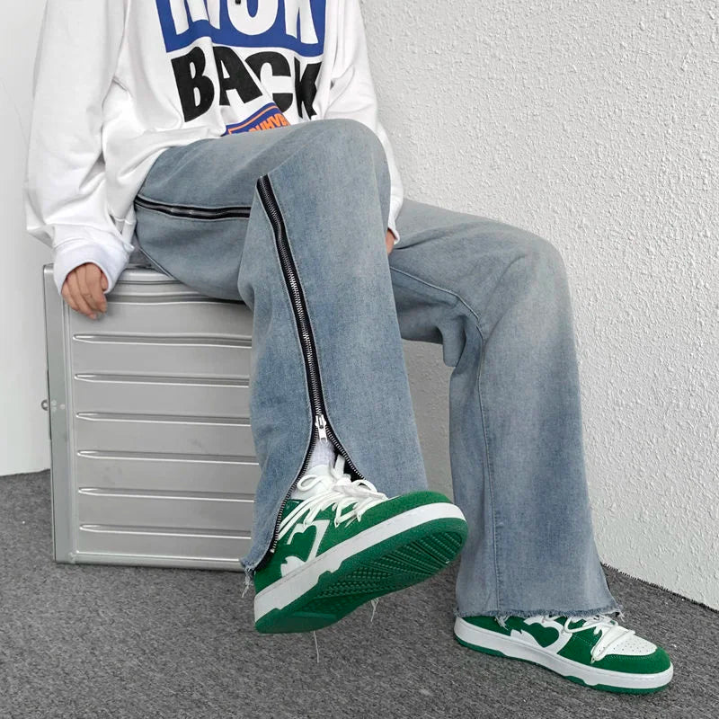 saferido Washed Blue Jeans for Men Hiphop Zipper Design Loose Straight Mopping Denim Trousers Oversize Trend Retro Wide-leg Daddy Pants