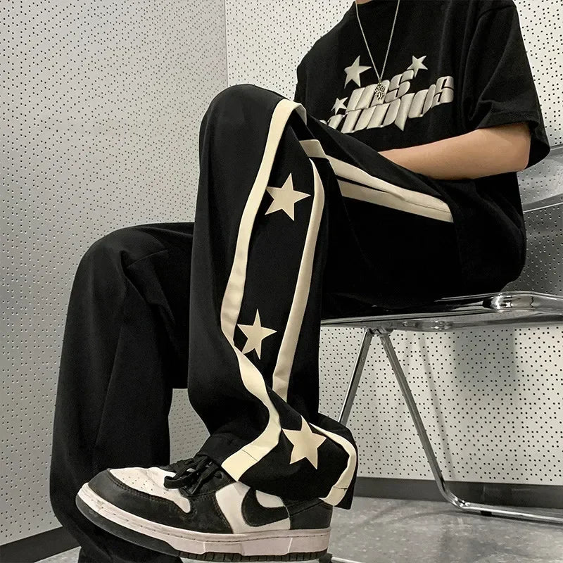 saferido Y2K Star Sweatpants Men Black Sports Pants Wide Leg Trousers Male Japanese Streetwear Hip Hop Graphic Loose Casual