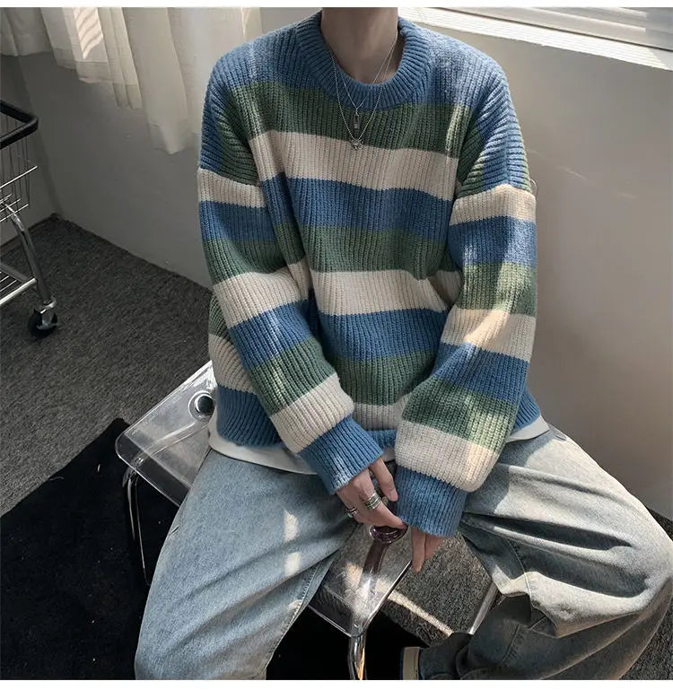 saferido Autumn Winter Sweater Men Pullover Korean Style Male Striped Sweater Loose Knitted Sweater Trend Thick Top Mens Clothing