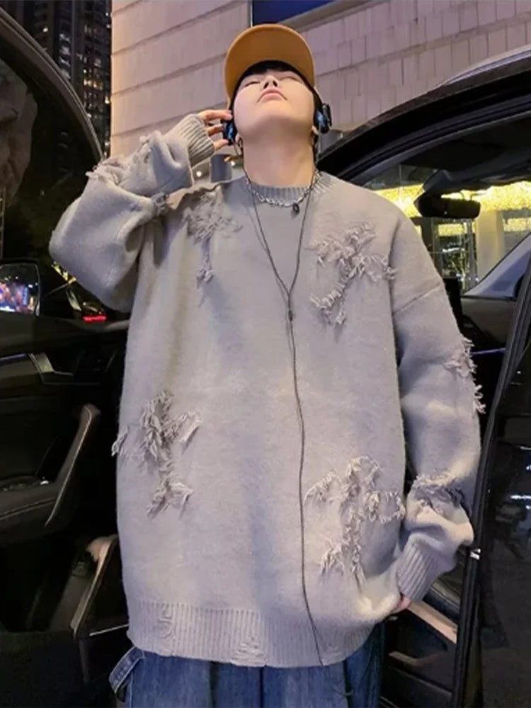 Solid Long Sleeve Hole Knitted Sweater Men Tassels O-neck Hooded Streetwear Man Autumn Winter Fashion New Men's Clothing