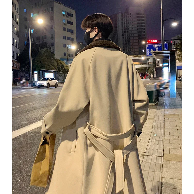 saferido Men's Lamb wool Patchwork Woolen Overcoat Men High-end Stand Collar Casual Loose Korean Style Winter New Elegant Trench Coat