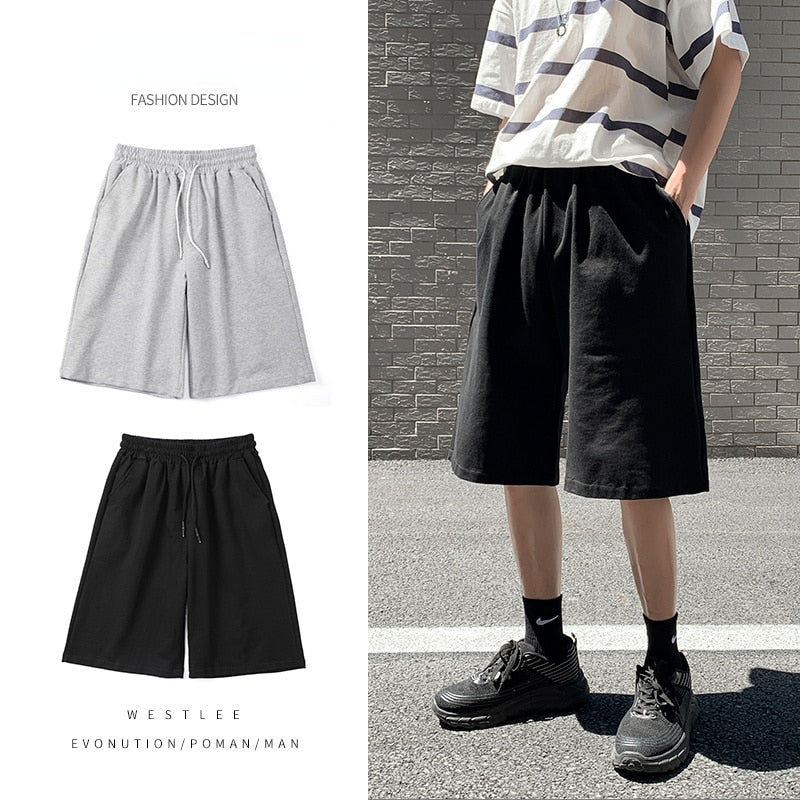 Straight Casual Shorts Men Clothing Summer New Korean Oversized Solid Color Simple Drawstring Baggy Male Sweatpants Shorts
