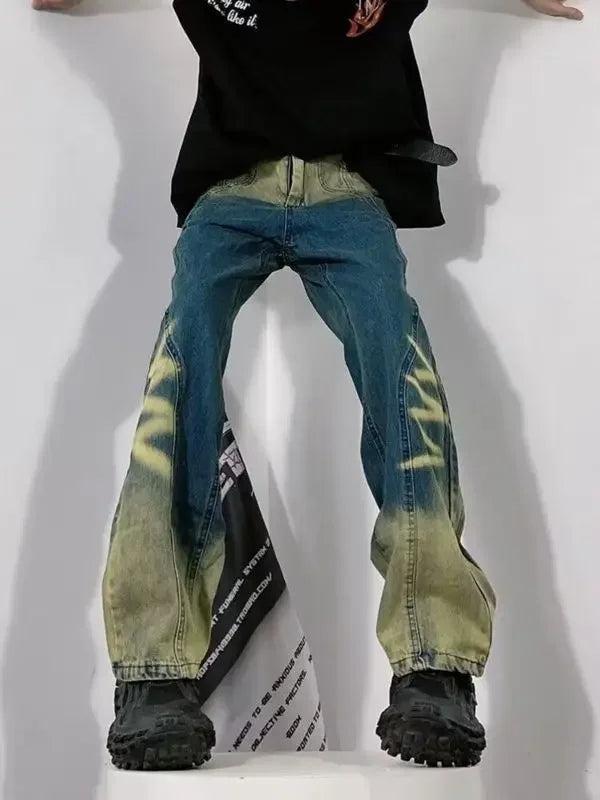 saferido American high street gradient washed old ripple jeans men and women loose straight pants tide senior Korean fashion sense pants