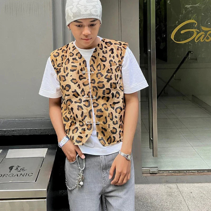 Men Leopard Print Vests Spring Fashion V-neck Paper Clip Simple Sleeveless Loose Simple Casual Streetwear Male Waistcoats