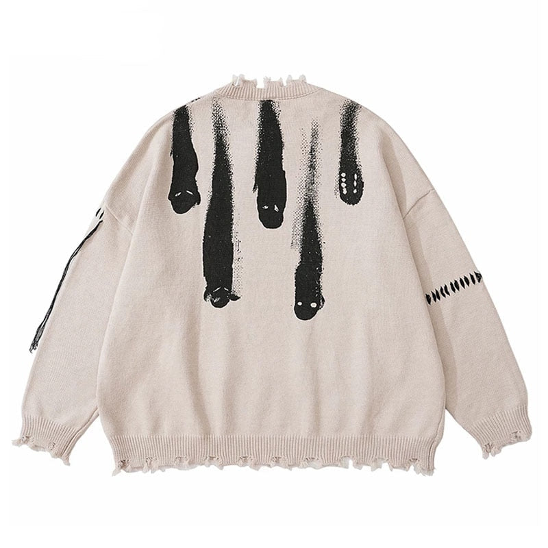 Hip Hop Knitted Sweaters Men Harajuku Vintage Hole Ghost Graphic Jumpers Streetwear Punk Casual Oversized O-Neck Pullover Unisex