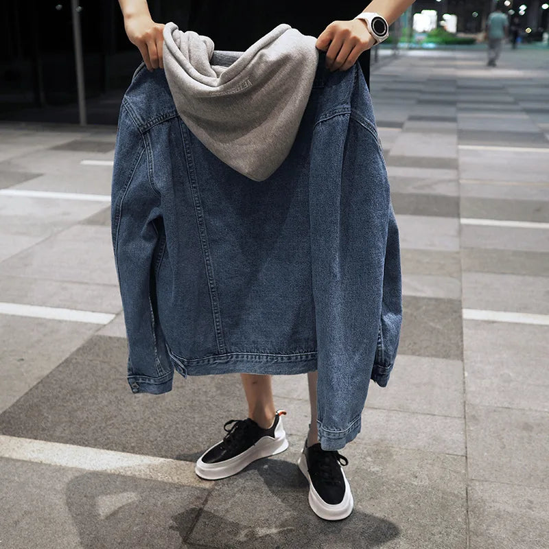 Denim Jacket Mens Hooded Slim Fit Casual Streetwear Jean Jackets Long Sleeve Trendy Outerwear Spring Autumn Jacket Coat Men