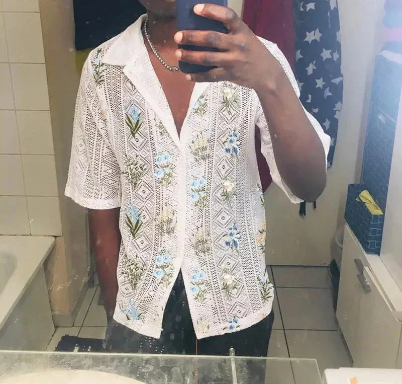 Stylish Casual Style Tops Men's See-through Tracery Printing Pattern Blouse Male Hot Selling Short Sleeved Shirts S-5XL