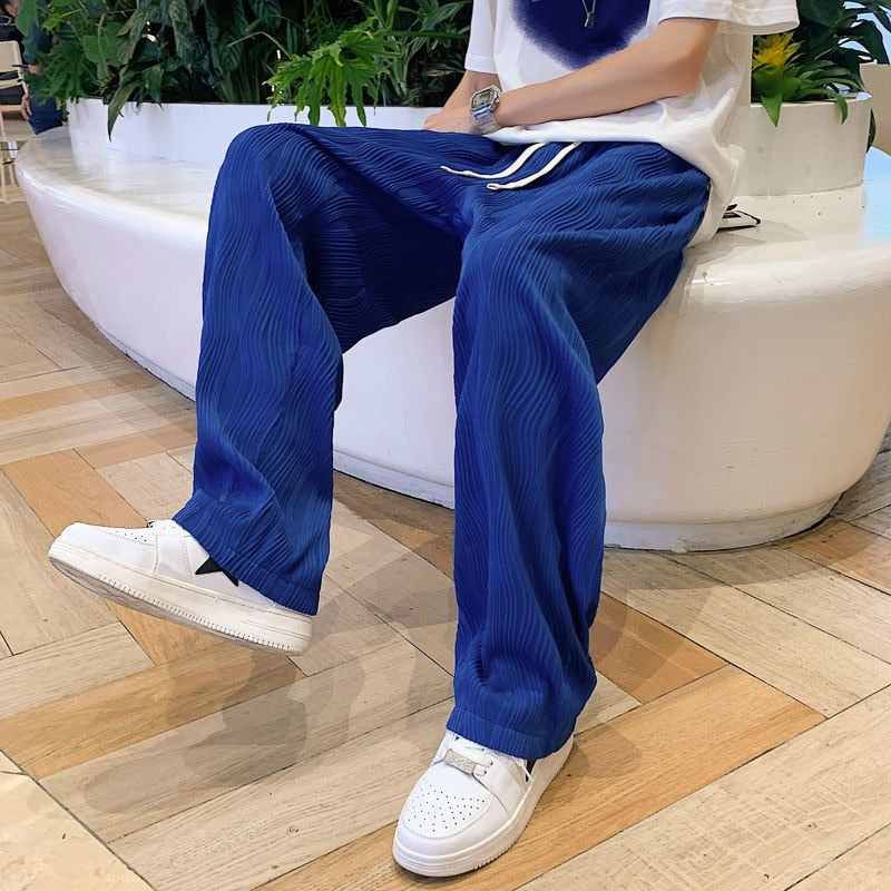 3-color Pleated Pants Men Fashion Casual Wide-leg Pants Mens Japanese Streetwear Loose Straight Ice Silk Pants Mens Trousers