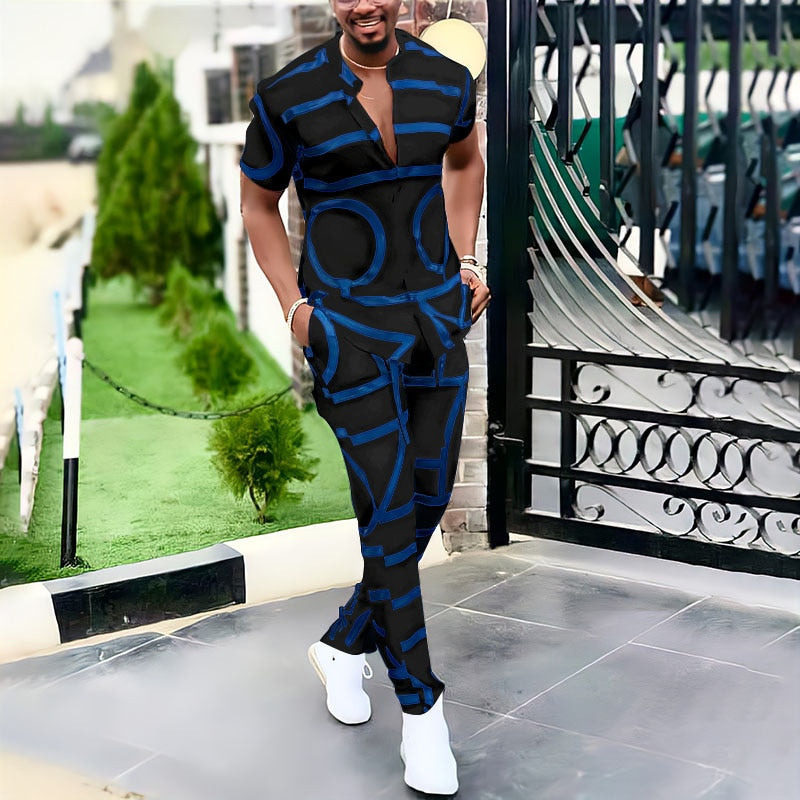 Spring Summer Men's Casual Two Piece Sets Short Sleeve Tops And Long Pants Suit Fashion Pattern Print Outfit Men Streetwear