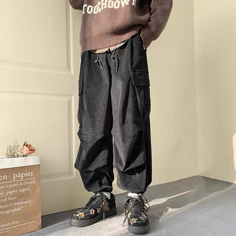 Corduroy Cargo Pants for Men Streetwear Black Cargo Trousers Male Joggers Hip Hop Green Black Japanese Pocket Korean