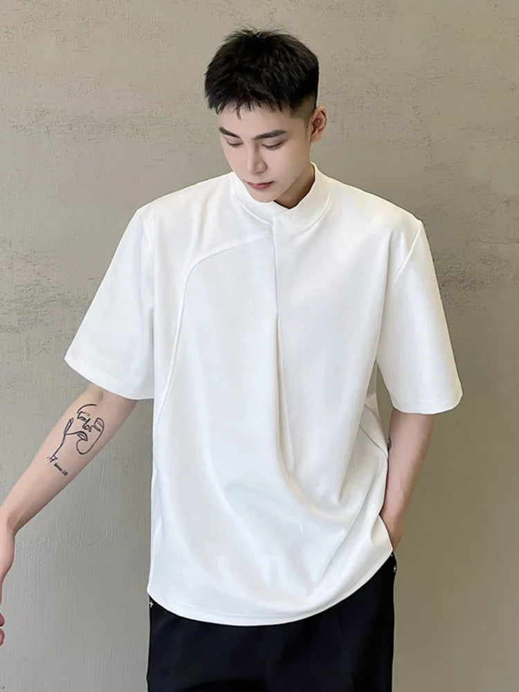 saferido Style Korean Personality Asymmetric Cross Rib Neckline Solid Colour Men's Casual Half Sleeve Tshirt New Fashionable Tops